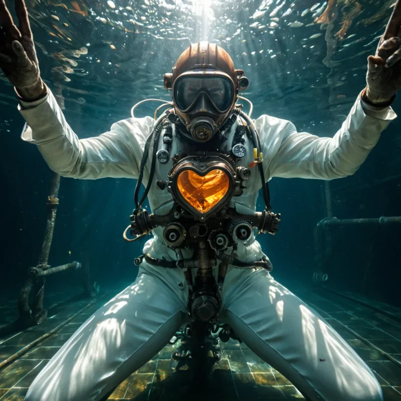 A horizontal, eyelevel wide shot of a vast, submerged cathedral floor constructed from seamless, translucent sheets of compressed blue glass that reveal the rusted, skeletal remains of a colossal, vintage steam engine submerged in clear, still water. Sunlight pierces through the water surface above, creating caustic light patterns that dance across the glass tiles and illuminate the intricate, oxidized copper pipes of the engines heart, which glows with a faint, residual orange heat. In the center, a diver wearing a sleek, white, bubblehelmeted suit with a transparent chest cavity floats weightlessly, surrounded by a school of bioluminescent, ribbonlike fish that weave through the engines gears. The air inside the helmet is filled with tiny