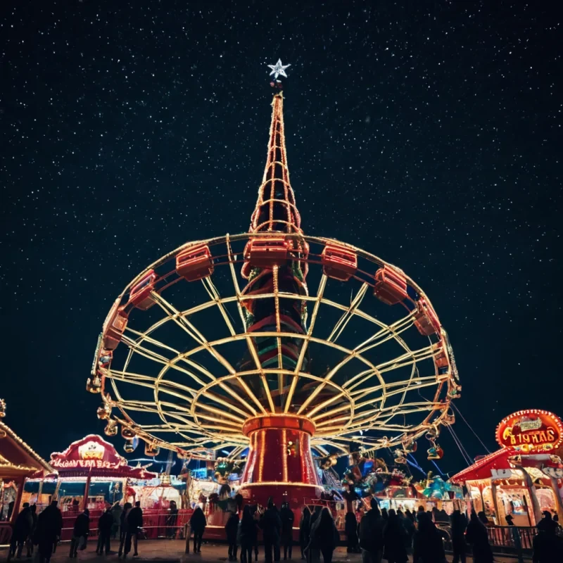 Christmas tree sounded by Amusement Park rides a d stars