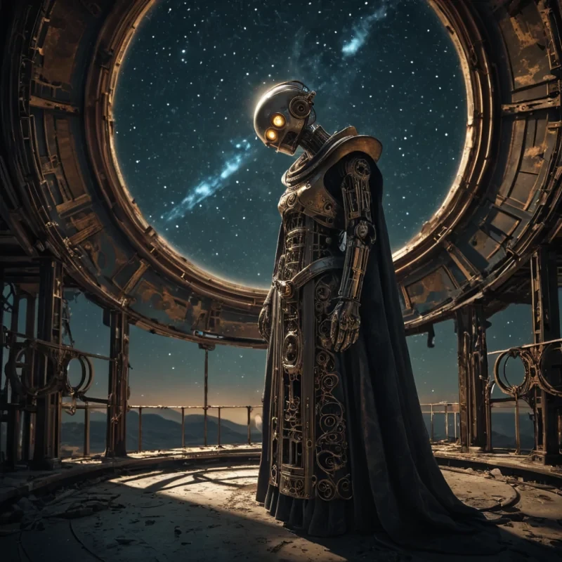 A hyperrealistic, 4K portrait of a melancholic, sentient automaton, its metallic body adorned with intricate, tarnished filigree, standing alone in a vast, abandoned observatory, surrounded by towering, ancient telescopes and faded, celestial charts, with cinematic lighting casting dramatic shadows and emphasizing the intricate, steampunkinspired design, and a subtle, cool bokeh effect creating a sense of isolation and longing, as a lone, spectral comet streaks across the night sky, its glowing tail leaving a trail of stardust in its wake, while a spectral, ethereal figure, cloaked in a tattered, hooded robe, stands silently at the edge of the