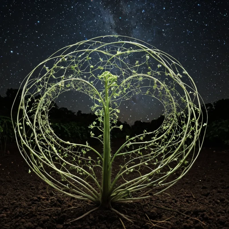 A single, selfilluminating filament of compressed starlight, shaped like a 3dimensional fractal vine of inverted growth and unformed constellations, drifts through the center of a vast, inverted greenhouse composed of the petrified breaths of a civilization that measured time not by seasons, but by the duration of synchronized, silent breaths held just before the first seed was ever allowed to sprout in soil that never knew sunlight. The filament does not glowit unremembers, each coil shedding a layer of botanical potential that never coalesced into a shared bloom, reforming into ephemeral, jadeveined afterimages shaped like the negative space between two hands that never touched the same petal in the same moment