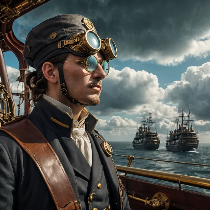 A cinematic, hyperrealistic portrait of a steampunk airship captain, their goggles reflecting a stormy, Ultra HD sky filled with anachronistic, bioluminescent clouds, as they stand resolutely on the deck, surrounded by intricate, brass machinery and a crew of diverse, steampunk automatons, with dramatic, volumetric lighting casting stark shadows and emphasizing the captains determined expression.