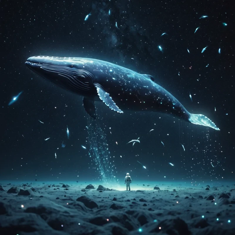 A gigantic, levitating whale made of iridescent glass swims through a starfilled cosmos, its tail fin leaving a trail of comets, while tiny, astronauts explore its translucent body, discovering bioluminescent constellations within, hyperrealistic, ultra HD, cinematic lighting, volumetric lighting, atmospheric effects, soft focus, pastel tones, detailed textures.