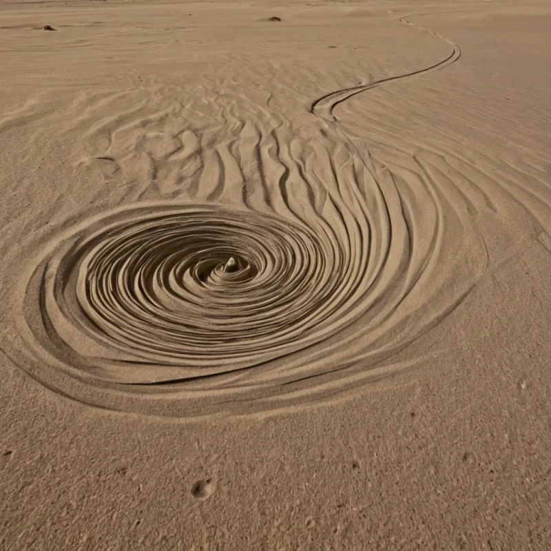 A single, selfrewinding thread of reversed silence, shaped like a 1,001dimensional spiral of unformed quiet and inverted hush, drifts through the center of a vast, inverted desert of solidified sound  each dune carved from the exact moment between a door closing and its refusal to muffle, a whisper fading into the wind and dissolving into nonacoustic presence, a heartbeat echoing in an empty room and collapsing into pure, unmeasured nonvibration. The thread does not absorb noise  it unabsorbs it, each unraveling strand shedding a layer of auditory potential that never coalesced into perceptible resonance, reforming into ephemeral, moonstoneveined afterimages shaped like