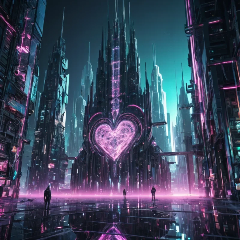Photorealistic, monolithic, crystalline, insectoid metropolis, its hyperrealistic, 4K, geometric structures revealing ultra HD glimpses of a bustling, neondrenched, cybernetic world within. Volumetric lighting from unseen, pulsating, neon sources etches the citys ethereal, fractal towers, casting intricate, dynamic, cybernetic shadows on the mirrored, iridescent void. Cinematic lighting bathes the scene in vibrant, neon hues, with lens flare emphasizing the citys central, radiant, throbbing, crystalline heart, pulsating with captive, alien, cybernetic energy.