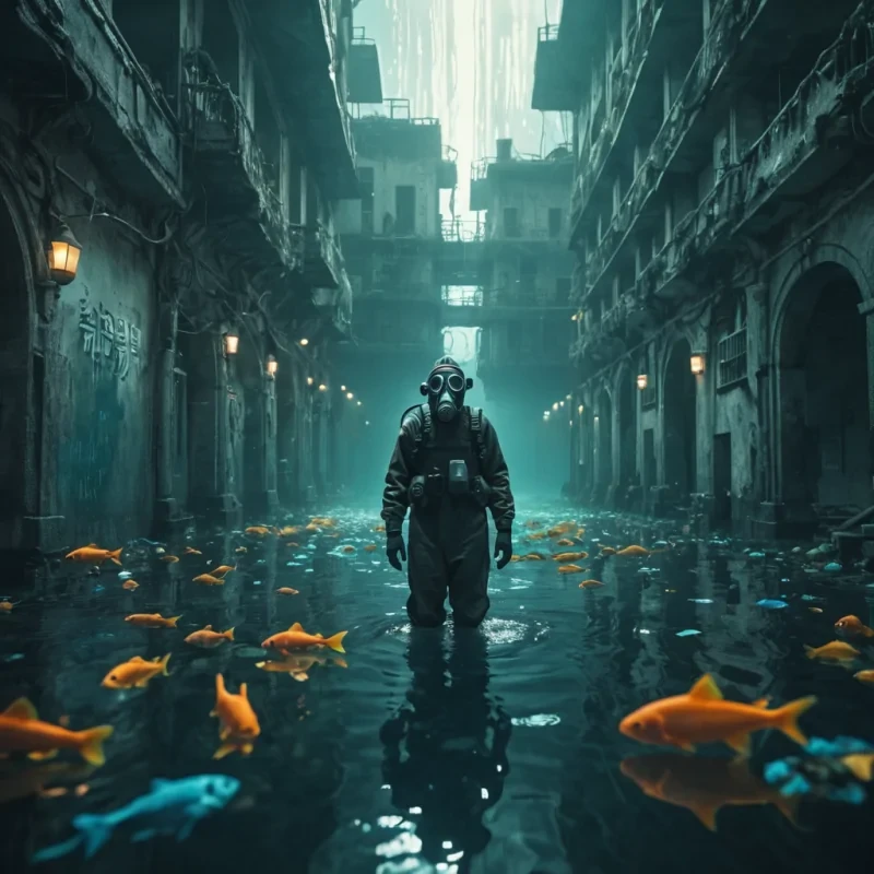 A lone figure in a gas mask explores an abandoned underwater city, with schools of glowing fish swimming through the empty streets, hyperrealistic, 8K, cinematic lighting, volumetric lighting, atmospheric effects, dynamic lighting, bokeh effect, soft focus, lens flare, muted colors, detailed textures.