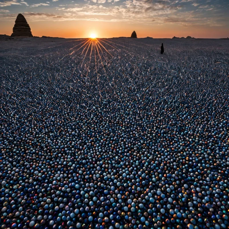 A horizontal, extreme wideangle shot of a surreal, desertlike landscape where the ground is composed of millions of tiny, perfectly spherical glass marbles in shades of deep indigo, burnt orange, and translucent white, creating a rippling, reflective texture that mirrors the sky. Rising from this sea of marbles are colossal, monolithic structures resembling ancient, weathered totems carved from smooth, matte white marble, each adorned with intricate, geometric cutouts that allow the vibrant, gradient sunset skyblending hues of magenta, teal, and goldto shine through in sharp, linear beams. In the immediate foreground, a single, delicate figure wearing a flowing, iridescent silk robe made of shifting holographic fabric walks across the glass surface