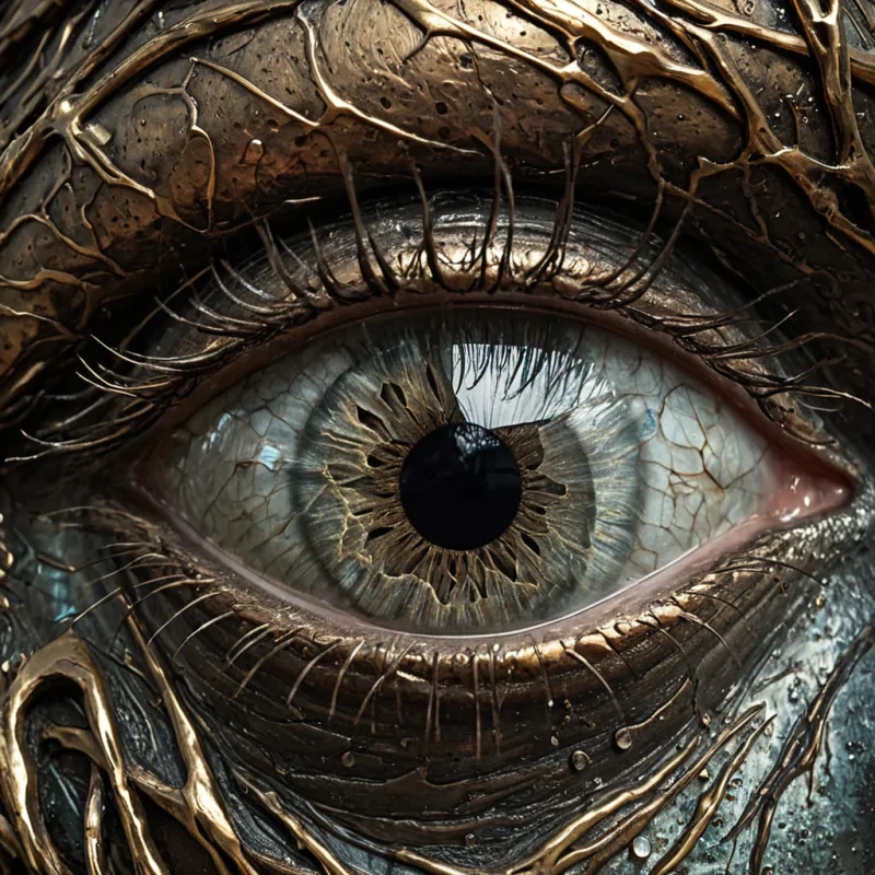 A hyperrealistic, closeup, macrophotographic shot of a singular, oversized human eye resting on a rough, weathered surface of raw, oxidized bronze. The iris is not a natural color but a complex, fractal pattern of shifting, iridescent oil slicks that rotate slowly, revealing hidden geometric symbols within the pupil. The sclera is made of polished, translucent white quartz, with visible internal capillaries that pulse with a faint, soft gold light. Surrounding the eye are delicate, organic filaments of silvered copper that wrap around the lid like vines, terminating in tiny, perfect droplets of mercury that refract the light into sharp, prismatic beams. The lighting is dramatic and lowkey, with