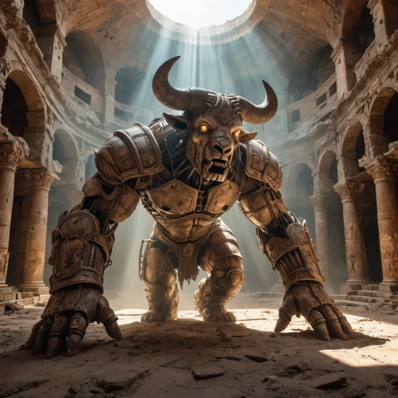 In the heart of a hyperrealistic, abandoned, subterranean colosseum, a colossal, ancient, mechanical minotaur, intricately detailed and textured, awakens from its slumber. Volumetric lighting from unseen sources casts dramatic shadows, as the minotaurs colossal, cinematic eyes scan the crumbling, labyrinthine architecture. Atmospheric dust devils swirl in the soft, pastel glow, while lens flare from a distant, flickering torch accentuates the minotaurs enigmatic, lifelike expression. The minotaurs metallic, textured surface reflects the colosseums intricate, luminescent patterns, as atmospheric effects create a mesmerizing dance of light and color.