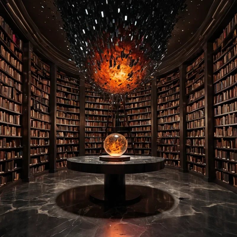 A vertical, eyelevel medium shot of a tranquil, enclosed library within a colossal, hollowedout meteorite drifting through the auroralit exosphere of a gas giant. The interior walls are composed of dense, blackened iron fused with veins of glowing, molten obsidian that pulse with a rhythmic, deep crimson light. Instead of books, the shelves hold thousands of floating, geometric crystal shards in various sizes and hues of amber, sapphire, and emerald, each emitting a soft, internal glow and hovering in magnetic suspension. In the center, a low, circular table made of polished, dark basalt holds a single, open manuscript written in shimmering, liquid silver ink that shifts and reforms as if alive. In the