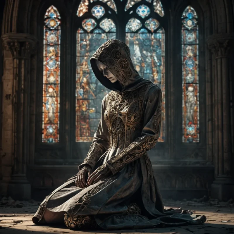 Photorealistic, Ultra HD portrait of a melancholic, sentient automaton, its metallic body adorned with intricate, tarnished filigree, sitting alone in a vast, abandoned cathedral, surrounded by towering, gothic arches and faded, stainedglass windows, with cinematic lighting casting dramatic shadows and emphasizing the intricate, steampunkinspired design, and a subtle, cool bokeh effect creating a sense of isolation and melancholy, as a lone, spectral comet streaks across the night sky, its glowing tail leaving a trail of stardust in its wake, while a spectral, ethereal figure, cloaked in a tattered, hooded robe, stands silently at the edge of