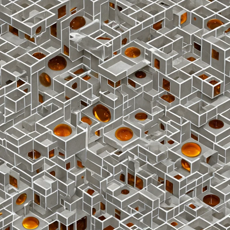 A horizontal, isometric rendering of a sprawling, modular cityscape constructed from thousands of interlocking, matte white ceramic tiles, each featuring a unique, embossed geometric pattern. The structures are arranged in a complex, fractal lattice that rises vertically in twisting spirals, defying conventional architectural logic. Suspended in the negative spaces between the ceramic blocks are numerous flat, circular discs of translucent, amber resin, each containing a preserved, ancient leaf with visible vein structures that glow with a faint, organic green light. The entire scene is bathed in a soft, diffused light source coming from the upper left, casting long, sharp shadows that emphasize the depth and texture of the ceramic surfaces. The background is a seamless, light gray gradient, isol