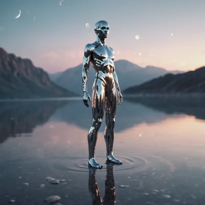 A humanoid figure composed of shimmering, liquid metal standing at the edge of a vast, crystalline lake reflecting a double moonlit sky, hyperrealistic, ultra HD, cinematic lighting, volumetric lighting, atmospheric effects, dynamic lighting, bokeh effect, soft focus, lens flare, pastel tones, detailed textures.