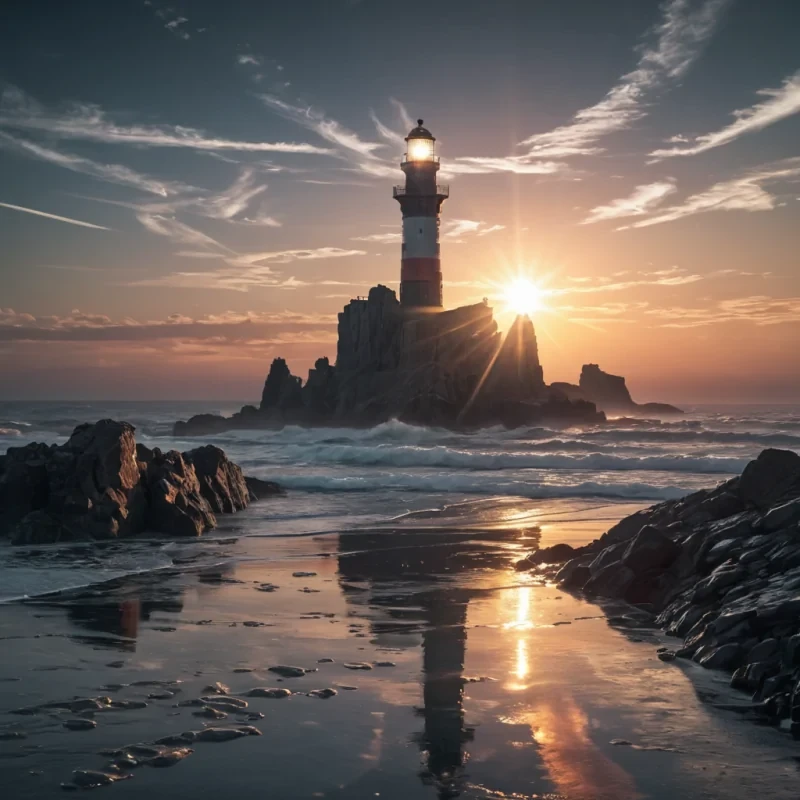 A colossal, ancient lighthouse, its towering form carved from a single, monolithic crystal, stands sentinel over an infinite, undulating sea of liquid silver. The lighthouses beacon, a pulsating, otherworldly orb of pure, radiant energy, casts dynamic, prismatic beams across the desolate landscape, illuminating the eerie, mirrored reflections of distant, spectral islands. Ultra HD, cinematic volumetric lighting, atmospheric lens flare, vibrant, ethereal colors.