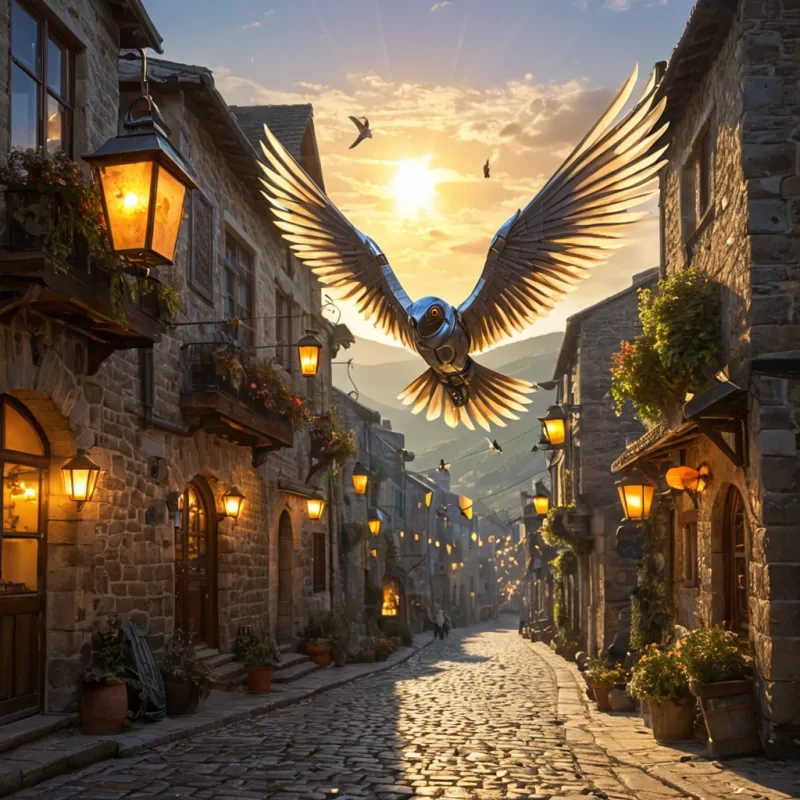 A silver robotic bird with sleek, angular wings hovers gracefully above a cobblestone village, its mechanical parts glinting under the warm rays of the setting sun. Below, the quaint streets are bustling with daily life, wrappers and leaves spiraling lazily in the gentle breeze. Colorful fabric lanterns hang from shopfronts, casting soft glows against the bluetinged sky. As the bird turns, a lens flare streaks briefly across the composition, adding an extra layer of charm. The background reveals sweeping vistas of layered hills and quaint stone bridges, their arches bathed in golden light. The overall scene is rendered in Hyperrealistic detail, with smooth textures and vibrant, secondary colors that evoke a sense of wonder and