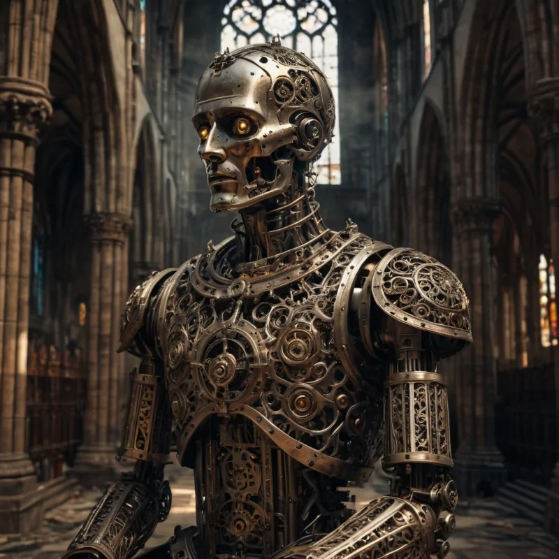 A hyperrealistic, 4K portrait of a stoic, ancient automaton, its metallic body adorned with intricate, tarnished filigree, standing alone in a vast, abandoned cathedral, surrounded by towering, gothic arches and faded, stainedglass windows, with cinematic lighting casting dramatic shadows and emphasizing the intricate, steampunkinspired design, and a subtle, cool bokeh effect creating a sense of isolation and melancholy.