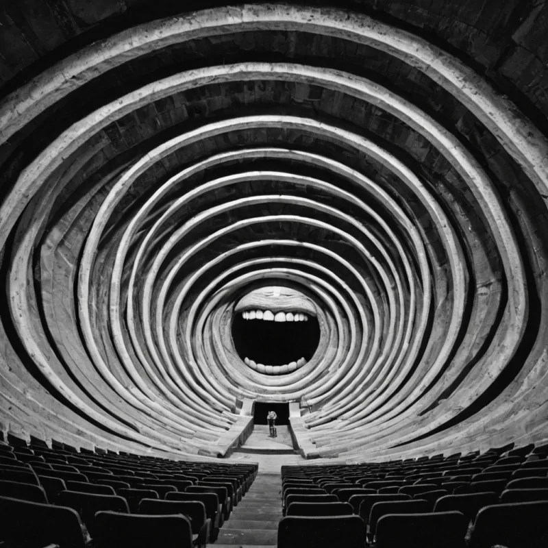 A single, selfdissolving filament of reversed laughter, shaped like a 389dimensional spiral of unformed mirth and inverted joy, drifts through the center of a vast, inverted amphitheater of solidified silenceeach seat carved from the exact moment between a joke being told and its refusal to be heard, a chuckle forming in throat and its sudden collapse into hollow air, a shared grin fading into unsmiling faces. The filament does not laughit unlaughs, each trembling coil shedding a layer of euphoric potential that never coalesced into a collective release, reforming into ephemeral, topazthreaded afterimages shaped like the negative space between two mouths that never opened at the same time,