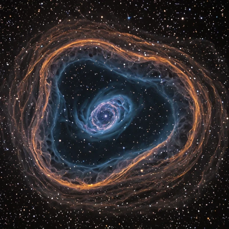 A single, selfoscillating filament of solidified stardust, shaped like a spiraling, nongeometric lattice of reversed cosmic drift, pulses at the center of a vast, inverted nebula suspended in the quantum vacuum between two entangled black holes. The filament does not emit lightit undissolves, each twist unraveling a layer of stellar memory that never coalesced into a star, reforming into ephemeral, bioluminescent constellations shaped like the negative space between two hands that never reached across the void in the same moment of mutual gravity. The nebula is not gaseousit is a layered expanse of petrified potential, each cloud etched with the thermodynamic residue of
