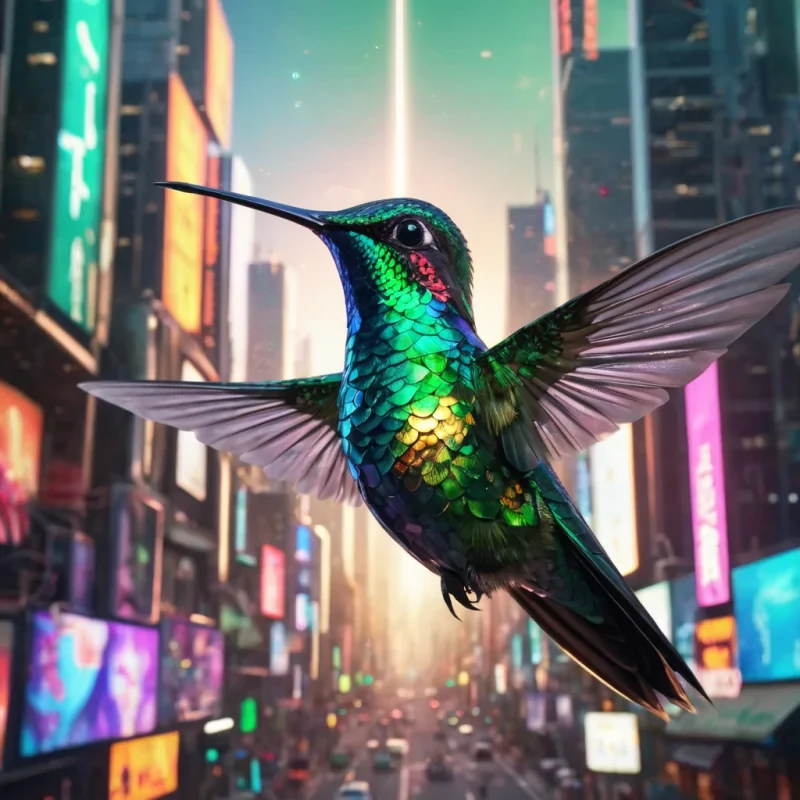 A hyperrealistic, 4K, ultra HD portrait of a sleek, cybernetic hummingbird, its iridescent feathers shimmering with holographic light. The hummingbirds eyes, a vibrant emerald green, glow with an inner intensity, and its wings, a fusion of metallic and organic components, flutter rapidly, leaving a trail of sparkling stardust. The background is a vast, futuristic cityscape, with towering skyscrapers and holographic advertisements casting a kaleidoscope of colors. Cinematic lighting from a distant, pulsating sun accentuates the hummingbirds otherworldly features, while a soft focus blurs the hightech urban surroundings, creating an ethereal atmosphere.