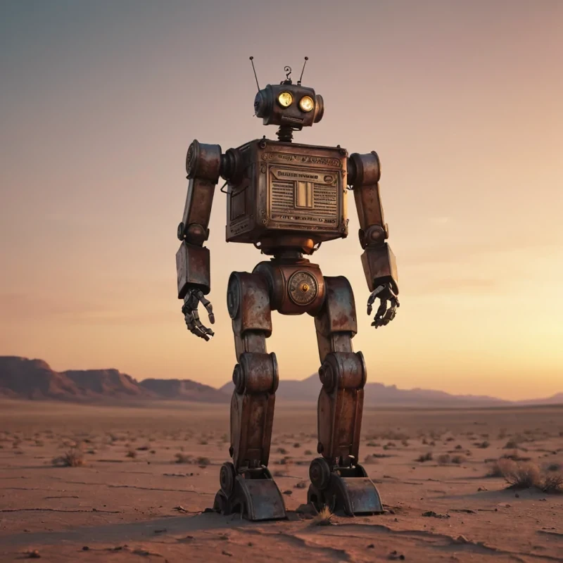 A lone, ancient robot standing on a vast, barren desert plain, gazing at a triple sunset while holding a rusted, antique music box that plays a haunting melody, hyperrealistic, ultra HD, cinematic lighting, atmospheric effects, dynamic lighting, soft focus, pastel tones, detailed textures.
