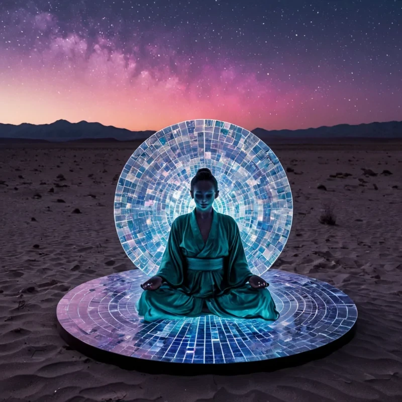 A vertical, eyelevel closeup shot of a serene, circular meditation chamber constructed from seamless, polished blocks of deep indigo lapis lazuli, set within a vast, quiet desert of fine, silvergray sand under a twilight sky streaked with faint, neonpink aurora. The chamber floor is embedded with a concentric mosaic of tiny, glowing emerald crystals that pulse with a slow, rhythmic light. In the center, a solitary figure wearing a loose, flowing kimono made of iridescent, motherofpearl fabric sits in a lotus position, their hands resting on a floating, geometric cube of clear quartz that projects a holographic map of constellations in soft blue light. The air is still and crisp