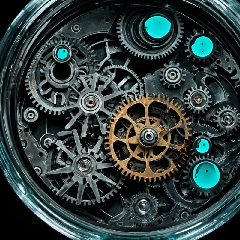 A hyperrealistic, eyelevel closeup of a delicate, intricate mechanical watch mechanism suspended in midair within a vacuum chamber filled with slowmoving, iridescent oil. The gears and springs are not made of metal but are crafted from thin, translucent slices of polished obsidian and glowing cyan crystal, interlocking with impossible precision. Floating among the gears are tiny, spherical bubbles of liquid mercury that reflect distorted, kaleidoscopic images of a distant, starfilled galaxy. The lighting is soft and diffused, emanating from an unseen source below, casting long, ethereal shadows and highlighting the microscopic textures of the crystal edges and the viscous sheen of the oil. The background is a deep, matte black void, emphasizing the lumin