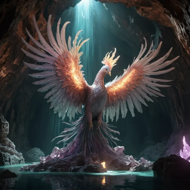 In the heart of a colossal, ancient, submerged, glasslike cavern, a solitary, levitating, hyperrealistic, holographic phoenix materializes from the shadows, its intricate, textured feathers unfurling towards the caverns distant, glowing walls. Cinematic lighting from an unseen source casts dramatic shadows, while dynamic, volumetric lighting creates a soft, pastel glow. The phoenixs delicate, detailed feathers reflect the caverns intricate, luminescent patterns, as atmospheric effects create a mesmerizing dance of light and color. At the phoenixs core, a colossal, ancient, holographic projector flickers to life, casting a vibrant, Ultra HD display of a longfor