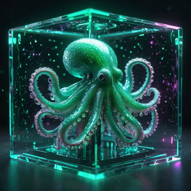 Hyperrealistic neon octopi with reflective metallic tentacles swirling in a cubic emerald chamber filled with iridescent quantum dew, holographic spirals twisting in volumetric lighting, soft focus, vibrant colors, 4K