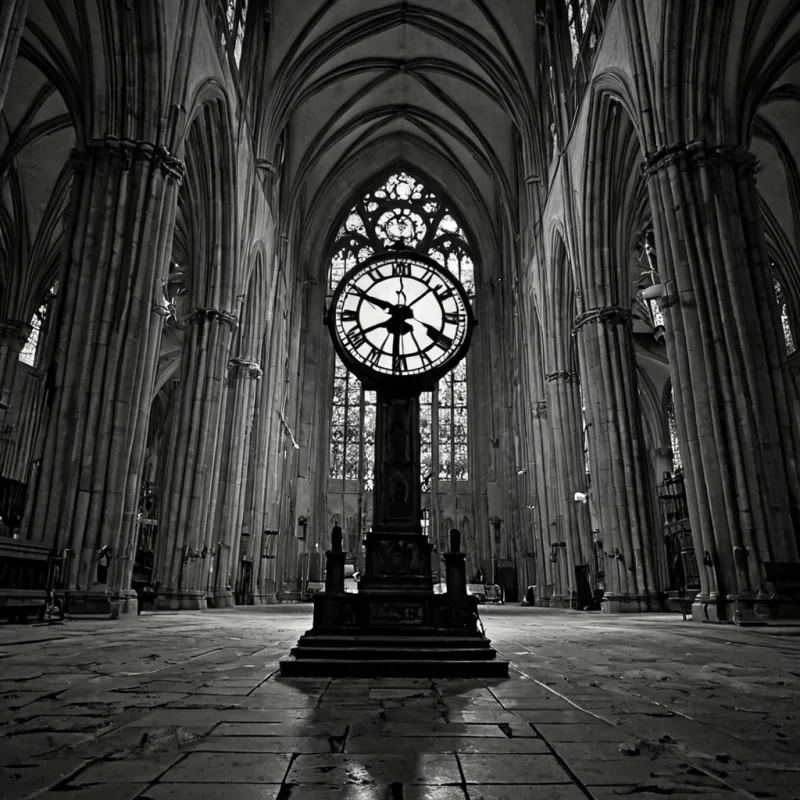 A single, selfsustaining clock made of solidified twilight hangs suspended in the center of a vast, still cathedral built entirely of compressed, unspoken apologies from a civilization that communicated through the scent of unlit lanterns. The clock does not tickit breathes, its hands moving in reverse with the rhythm of a heartbeat that never existed, each gear not metal but a crystalline lattice of frozen breaths from a thousand unshared goodbyes. The face is not glassit is a thin membrane of liquid shadow, etched with the negative space between two eyes that never met, each hour marked by a faint, pulsing afterimage of a farewell that was almost spoken. The cathedral floor is not stoneit is a layered expanse