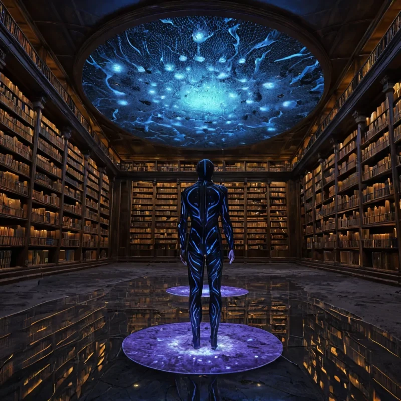 A hyperrealistic, wormseye view of a colossal, subterranean library carved directly into the hollowedout shell of a dormant volcano, where the walls are lined with millions of tiny, glowing amber canisters containing suspended, iridescent pollen clouds. The floor is a smooth, obsidianblack lake of still water that perfectly mirrors the ceiling, which is a sprawling, intricate lattice of bioluminescent fungal networks in shades of electric blue and violet, pulsing with slow, rhythmic light. A solitary figure, dressed in a sleek, waterproof suit of matte charcoal with reflective silver piping, floats weightlessly on a transparent hoverdisc in the center, reaching toward a drifting cluster of golden spores. The scene is illuminated by the