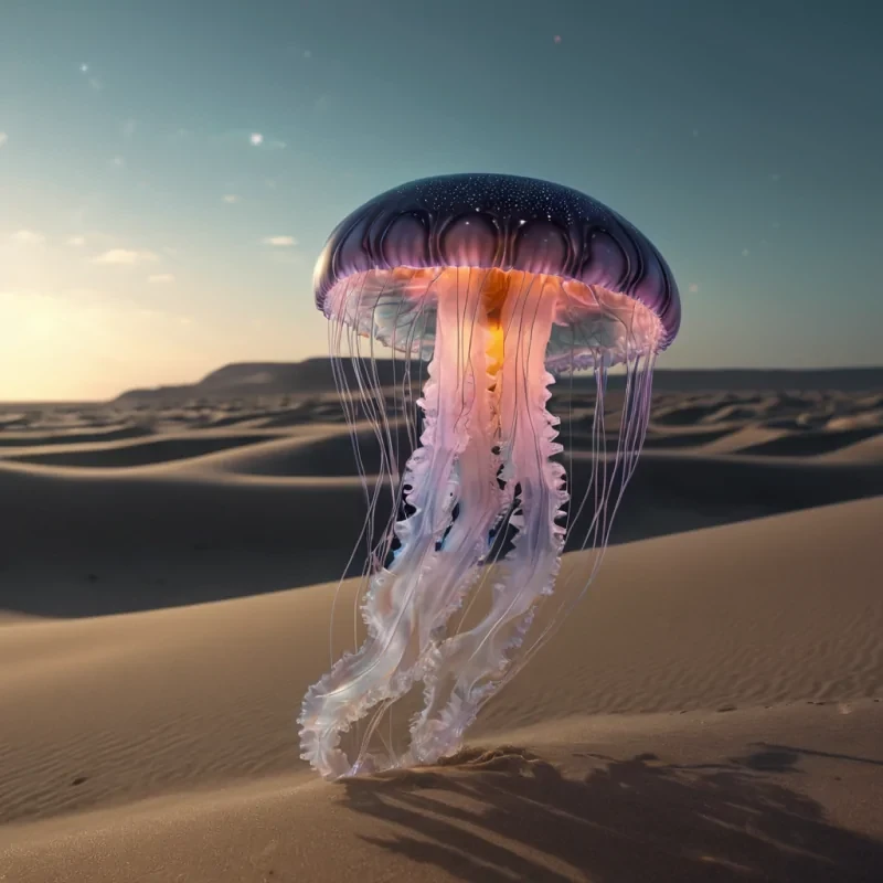A hyperrealistic, 4K portrait of a sentient, levitating, neonlit holographic jellyfish, its ethereal form pulsating with intricate, bioluminescent fractal patterns, set against a surreal, monochromatic landscape of undulating, shadowy dunes, with volumetric lighting casting dramatic shadows and emphasizing the jellyfishs dynamic, fluid movements, and a subtle, warm bokeh effect creating a sense of isolation and mystery.