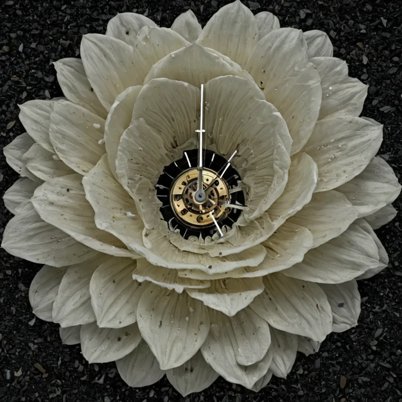 A single, selfsustaining bloom of reversed time, shaped like a 1,000,000,000,000dimensional corolla of unformed chronology and inverted duration, unfurls at the center of a vast, inverted clockwork garden of solidified stasis  each gear carved from the exact moment between a hand turning a key and its refusal to advance, a pendulum swinging and dissolving into noncyclical suspension, a heartbeat syncing with a metronome and collapsing into pure, unmeasured nonprogression. The bloom does not measure time  it unmeasures it, each petal shedding a layer of temporal potential that never coalesced into linear flow, reforming