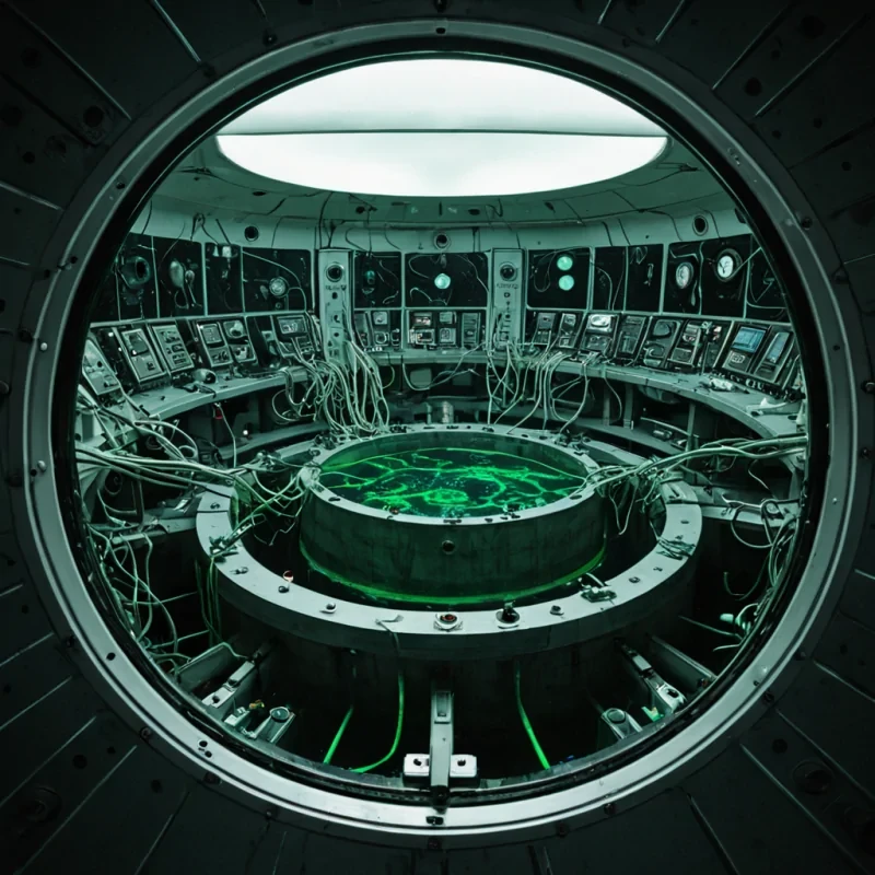 A splitlevel, symmetrical composition capturing the precise moment of intersection between a hyperdetailed, retrofuturistic laboratory and a vast, dark ocean trench. The upper half of the frame displays a sterile, whitetiled room with polished chrome surfaces, where a complex array of vintage dial telephones and rotary modems is mounted on the walls in a dense, overlapping grid, their red cords dangling like vines into the void below. The lower half reveals the pitchblack water, illuminated only by the cold, green phosphorescence of thousands of microscopic plankton forming a swirling, galactic vortex directly beneath a large, circular porthole in the floor. Through the porthole, a single, sleek, silver submersible with a glowing
