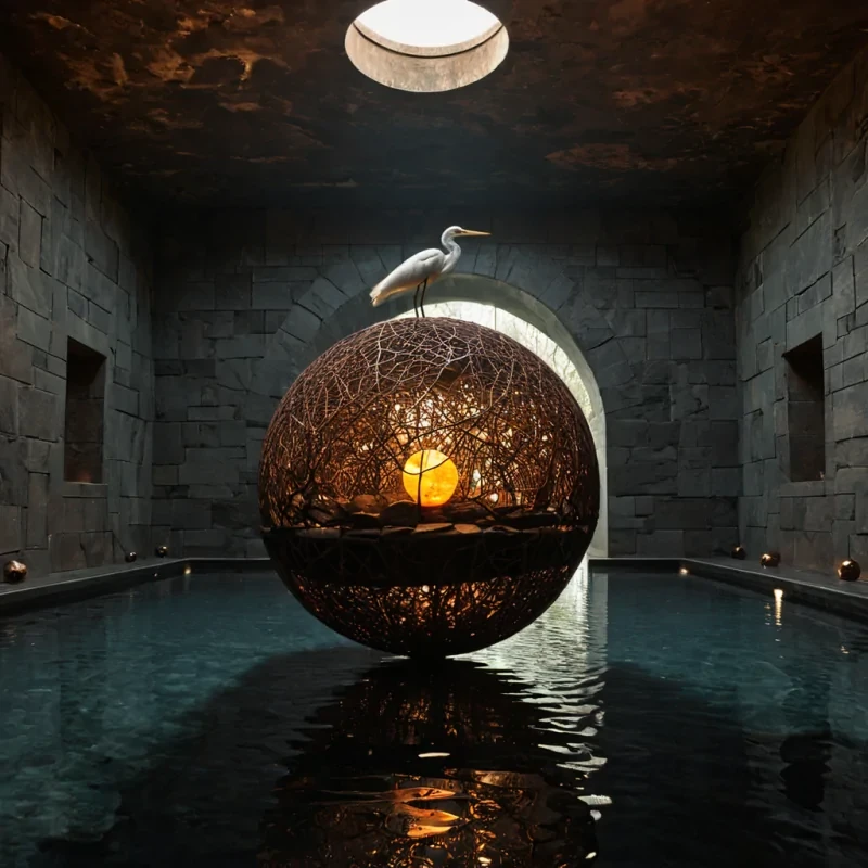 A photorealistic, eyelevel wide shot of a serene, subterranean sanctuary constructed from smooth, polished basalt and warm cedar, where the central feature is a massive, suspended sphere of woven copper mesh containing a slowly rotating, solid core of raw amber. Inside the amber core, a single, pristine white heron is preserved in midflight, its wings spread wide, illuminated from within by a soft, golden light that casts intricate, weblike shadows of the copper mesh onto the surrounding dark stone walls. The floor is a shallow pool of still, black water that reflects the amber sphere and the heron, creating a perfect, inverted mirror image. Floating just above the waters surface are dozens of small, glowing orbs of pale blue light