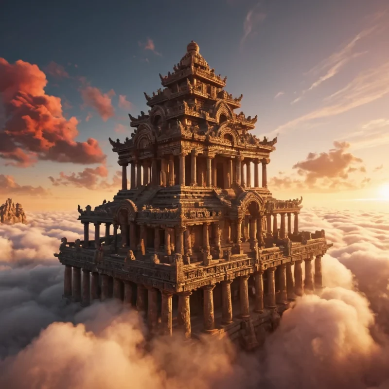 A levitating, ancient stone temple drifting through a sea of clouds, its weathered columns and intricate carvings bathed in the soft glow of an eternal sunset, hyperrealistic, 8K, cinematic lighting, volumetric lighting, atmospheric effects, dynamic lighting, bokeh effect, soft focus, lens flare, warm golds and deep reds, detailed textures.
