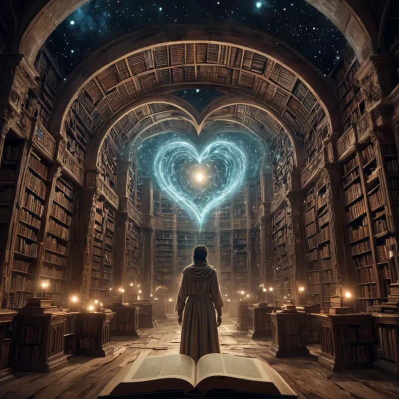 An ephemeral, colossal, ancient library, its labyrinthine, iridescent shelves piercing the heart of a boundless, cosmic void, stands as a silent, celestial sanctuary. The librarys colossal, dormant central tome, crafted from a labyrinth of interlocking, luminescent pages, casts dynamic, ethereal shadows across the celestial expanse, revealing intricate, ancient constellations that pulsate with an otherworldly energy. Within, a spectral figure, clad in a tattered, vintage librarians uniform, drifts through the desolate space, their form composed of swirling, stardustkissed motes of light. Ultra HD, cinematic volumetric lighting, atmospheric lens flare