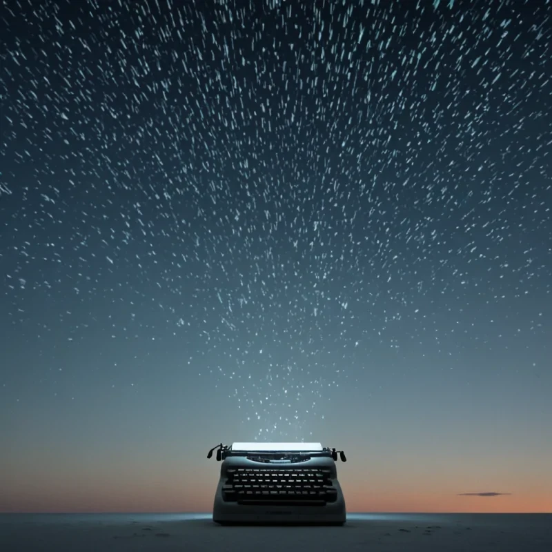 A single, selfsustaining constellation of floating, bioluminescent typewriters drifts in the center of a vast, inverted sky of solidified silence, each machine not made of metal but of compressed, forgotten syllables from languages that never existed. The typewriters do not typethey emit soft, harmonic pulses of light that ripple outward, forming transient, glowing constellations in the air that spell out questions no one has ever dared to ask. The sky is not airit is a thick, viscous expanse of unspoken narratives, each cloud shaped like the negative space between two sentences that never connected. The keys are not metalthey are crystalline fragments of dreams that dissolved before they could be remembered, each one humming