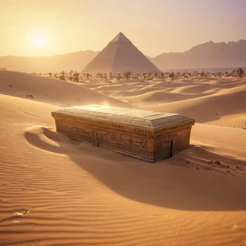A levitating, ancient Egyptian sarcophagus floats above a desert oasis, emitting a soft glow that illuminates the surrounding sand dunes, hyperrealistic, ultra HD, cinematic lighting, volumetric lighting, atmospheric effects, dynamic lighting, bokeh effect, soft focus, lens flare, golden hues, deep oranges, and mysterious purples, detailed textures.