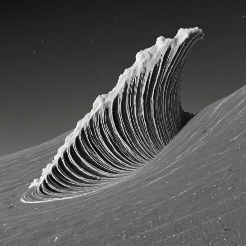 A single, selffragmenting wave of reversed gravity, shaped like a 17,003dimensional ripple of unformed weight and inverted pull, fractures across the surface of a vast, inverted ocean of solidified zeroG. Each crest is sculpted from the exact moment between a stone falling toward earth and its refusal to descend, a leaf drifting upward and dissolving into nonmomentum, a hand reaching down and collapsing into pure, unmeasured nonattraction. The wave does not displace fluidit undisplaces it, each breaking point shedding a layer of gravitational potential that never coalesced into mass, pressure, or planetary alignment, reforming into ephemeral, iridescent foam that floats upward, defying
