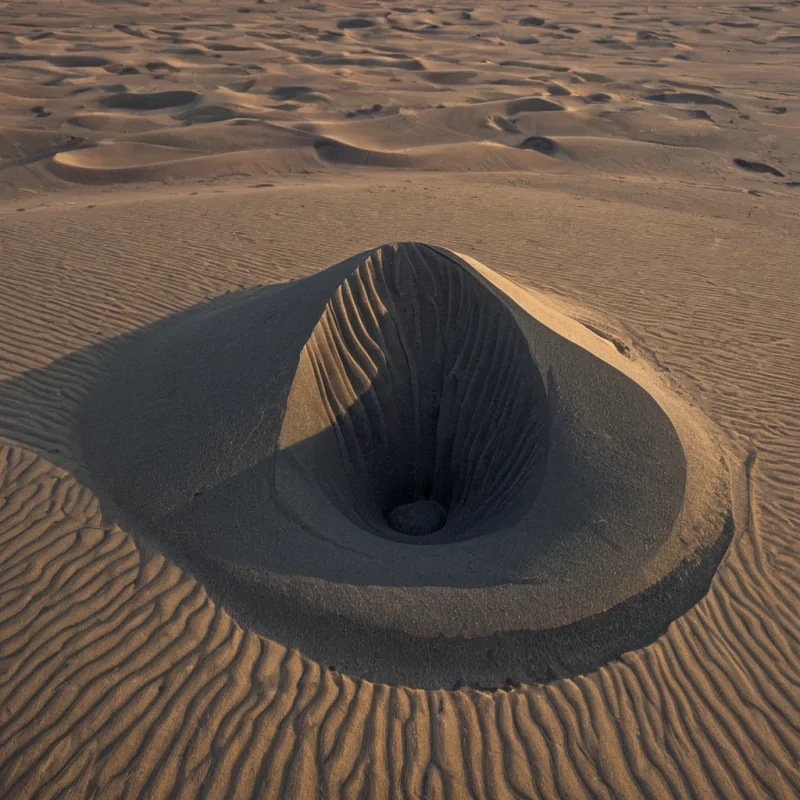 A single, selferoding sculpture of solidified silence stands at the center of a floating, inverted desert carved from the petrified breath of a wind that never blew across a dune that never formed. The sculpture does not decayit undecays, each pulse reversing the erosion of its surface, reassembling the lost grains of sand into a dense, obsidian monolith that resonates with the subsonic frequency of a sigh held too long in a world that never had lungs. The deserts dunes are not sandthey are layered ridges of fossilized stillness, each crest etched with the thermal afterimage of a shadow that never fell, their surfaces shimmering with the chromatic residue of a sunset that never