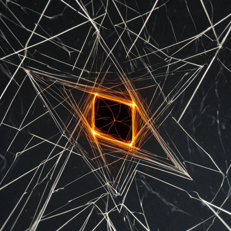 A single, selfilluminating thread of reversed light, shaped like a 3,842dimensional filament of unformed photons and inverted luminescence, pulses through the hollow core of a vast, inverted prism of solidified darkness. Each strand is spun from the exact moment between a star igniting and its refusal to emit, a flame flickering and dissolving into nonheat, a glance reflecting and collapsing into pure, unmeasured nonvisibility. The filament does not emit lightit unemits it, each trembling segment shedding a layer of radiative potential that never coalesced into dawn, revelation, or the weight of being seen. As it drifts backward through the prisms fractured glass walls, every ref