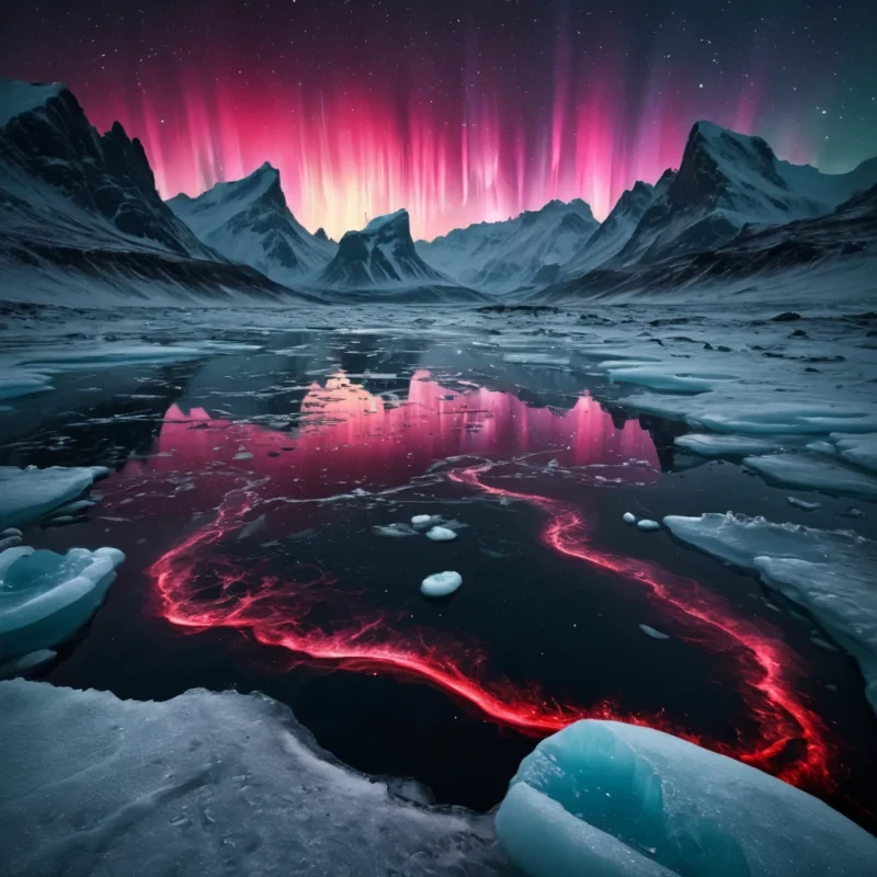 Crimson Aurora A hyperrealistic, Ultra HD aurora borealis, composed entirely of liquid crimson, cascades across the desolate, cinematic expanse of a frozen, alien planet. Its dynamic, volumetric tendrils cast intricate, atmospheric shadows across the monochromatic, icy landscape, while its detailed, textured surface reveals a hidden, bioluminescent, underwater metropolis, teeming with alien lifeforms. The auroras vibrant, pastel glow illuminates the distant, swirling galaxies, creating a soft, ethereal bokeh effect that dances with the scenes lens flare.