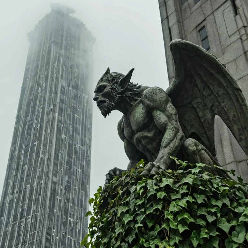 A photorealistic, lowangle closeup of a solitary, ancient stone gargoyle perched on a high cathedral ledge in a city defined by brutalist concrete and cascading vertical gardens of silverleafed ivy. The gargoyle is not stone, but a complex assembly of weathered bronze gears and polished onyx plates, with hollow eyes emitting a soft, steady crimson laser beam that pierces through a thick, swirling fog. The background features a towering skyscraper constructed entirely from stacked, translucent glass blocks filled with swirling, bioluminescent algae, creating a vibrant emerald glow that contrasts with the cold, gray morning light. Raindrops freeze in midair around the statue, captured with sharp focus, while the depth of