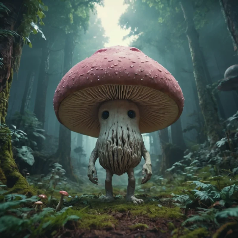 A giant, sentient mushroom with a human face, standing in a lush, alien landscape, hyperrealistic, 4K, cinematic lighting, volumetric lighting, atmospheric effects, dynamic lighting, bokeh effect, pastel tones, detailed textures.