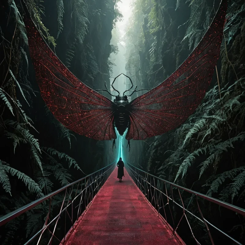 A hyperrealistic, wideangle shot of a colossal, suspended bridge spanning a chasm of deep, dark red velvet dust. The bridge is not made of metal or stone, but of thousands of tightly wound, interlaced bundles of dried, silverleafed ferns, twisted into a helical structure that glows with a faint, bioluminescent teal pulse at the center of each bundle. Walking across the bridge is a solitary figure dressed in a coat made of sheer, shimmering, iridescent chitin plates that resemble beetle wings, catching the ambient light with sharp, prismatic refractions. The figure carries a long, slender staff made of polished, black volcanic glass, which ends in a delicate, crystalline