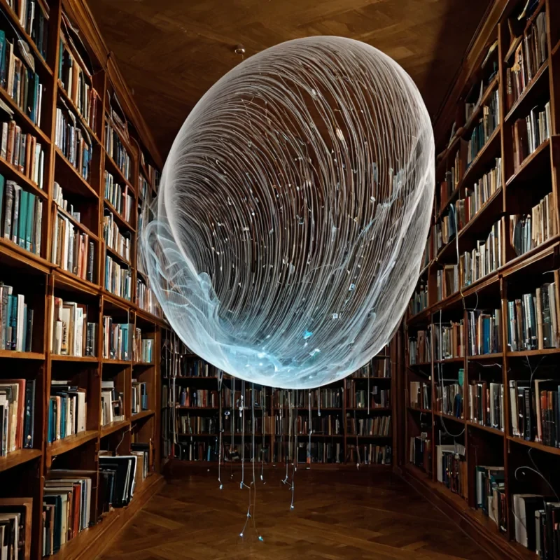 A single, selfoscillating filament of reversed gravity pulses through the core of a floating, inverted library suspended in the stratosphere of a gas giant, its structure not wood or paper but woven from the solidified resonance of a thousand unspoken stories that never found a reader. The filament does not vibrateit unreads, each contraction unwinding a paragraph into its original silence, releasing a wave of zeroentropy narrative that dissolves the fabric of meaning into a mist of iridescent, crystalline letters, each one etched with the chromatic echo of a sentence that never reached an ear. The librarys shelves are not made of woodthey are fossilized moments of concentration, each one a hollowedout echo of a