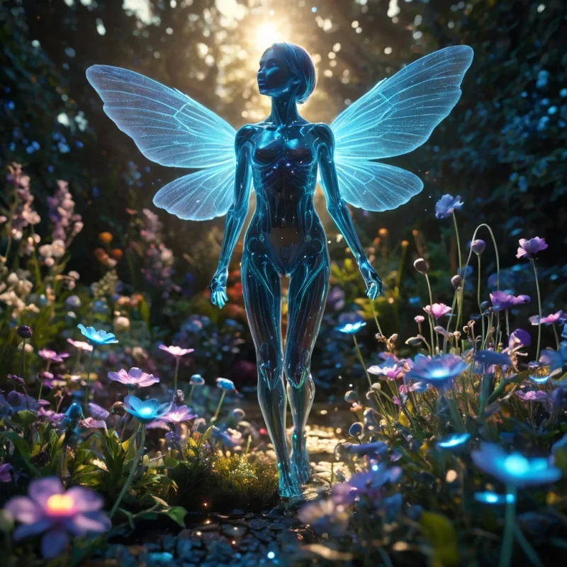 A sentient, levitating garden filled with blooming, bioluminescent flowers that emit soft melodies, tended to by tiny, glowing humanoid figures with iridescent wings, hyperrealistic, ultra HD, cinematic lighting, volumetric lighting, atmospheric effects, dynamic lighting, bokeh effect, soft focus, lens flare, vibrant colors, detailed textures.