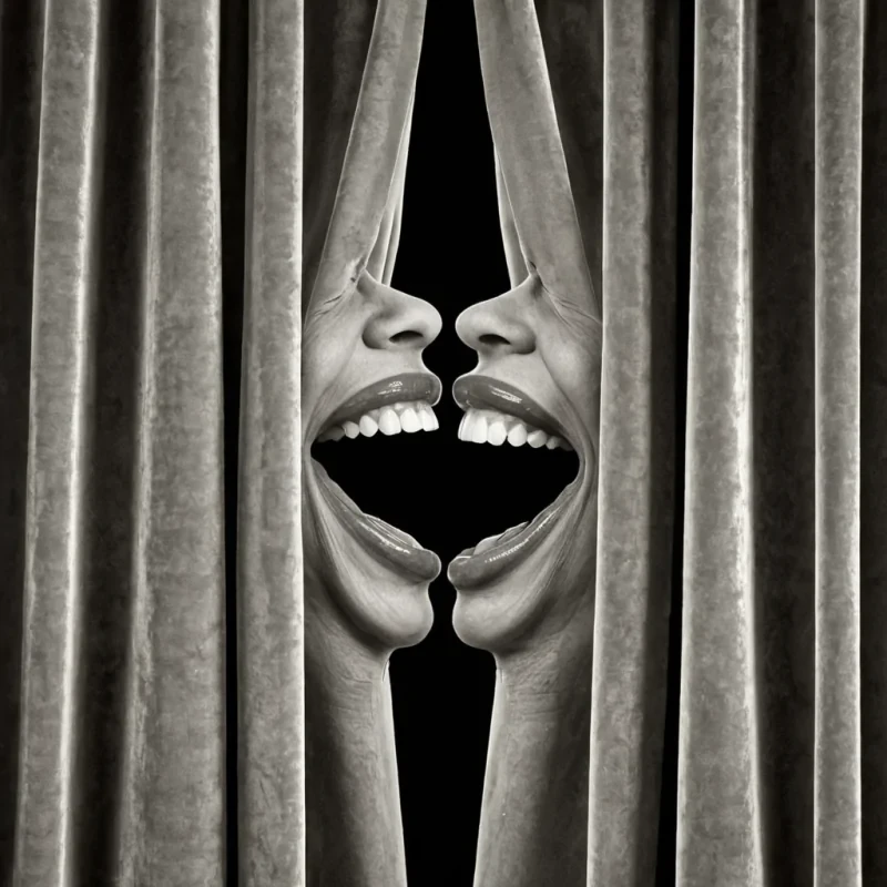 A single, selfoscillating filament of reversed laughter, shaped like a 1027dimensional helix of unformed joy and inverted euphoria, thrums at the center of a vast, inverted theater of solidified solemnityeach velvet curtain carved from the exact moment between a joke being told and its refusal to be heard, a smile forming and dissolving into nonemotional stillness, a standing ovation rising and collapsing into pure, unmeasured silence. The filament does not laughit unlaughs, each trembling strand shedding a layer of emotional potential that never coalesced into a shared moment of delight, reforming into ephemeral, rosegoldthreaded afterimages shaped like the negative space between two mouths