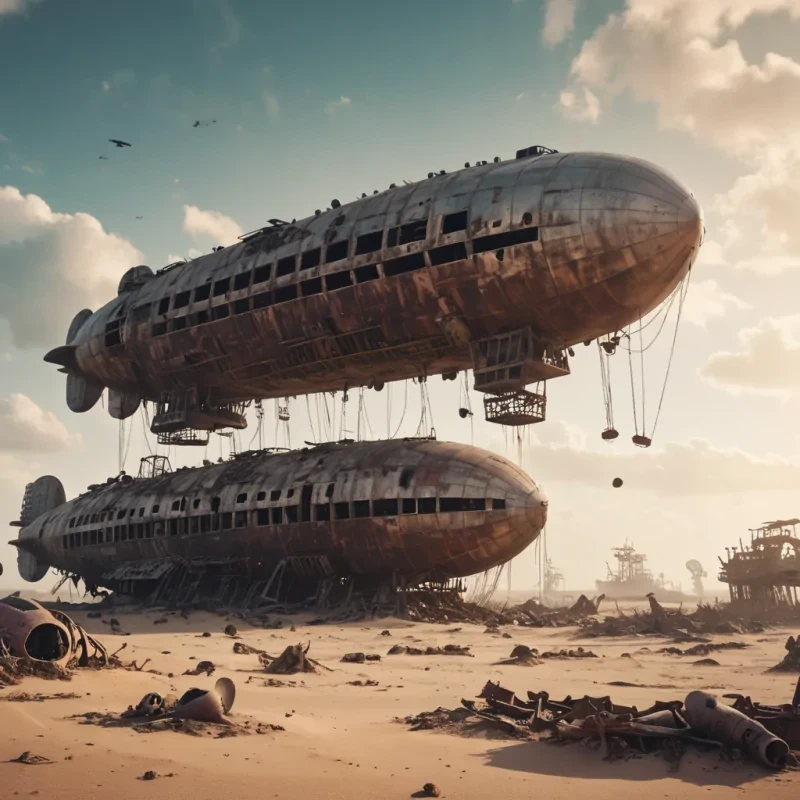A colossal, abandoned zeppelin graveyard in a postapocalyptic desert, where rusted airships lie halfburied in the sand, their skeletons silhouetted against a twinsunned sky, hyperrealistic, 4K, cinematic lighting, volumetric lighting, atmospheric effects, bokeh effect, pastel tones, detailed textures.