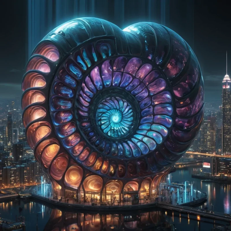 Photorealistic, colossal, nacreous, nautilus shell metropolis, its hyperrealistic, 4K, spiral structures revealing ultra HD, bioluminescent, cybernetic ecosystems within. Volumetric lighting from unseen, pulsating, cybernetic hearts etches the metropolis ethereal, logarithmic architecture, casting intricate, dynamic, bioluminescent shadows on the inverted, reflective void. Cinematic lighting bathes the scene in vibrant, otherworldly hues, with lens flare emphasizing the metropolis central, radiant, throbbing, nacreous heart, pulsating with captive, artificial, cybernetic energy.
