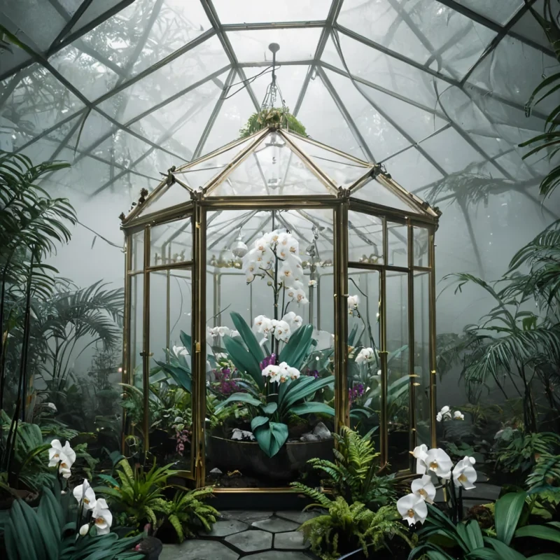 A highangle, isometric view of a suspended, geometric greenhouse constructed from interlocking panels of frosted quartz and polished bronze, floating amidst a dense fog of white orchid blossoms. The interior is organized into concentric, hexagonal zones, each dedicated to a different species of translucent, gelatinous flora that pulses with soft, bioluminescent hues of teal, magenta, and gold. In the center, a robotic gardener with a body made of matte white ceramic and articulated brass joints carefully prunes a large, crystalline fern using a delicate, lasertipped shears. The lighting is diffused and ethereal, filtering through the fog and the translucent panels, creating a dreamlike atmosphere. The scene is rendered in